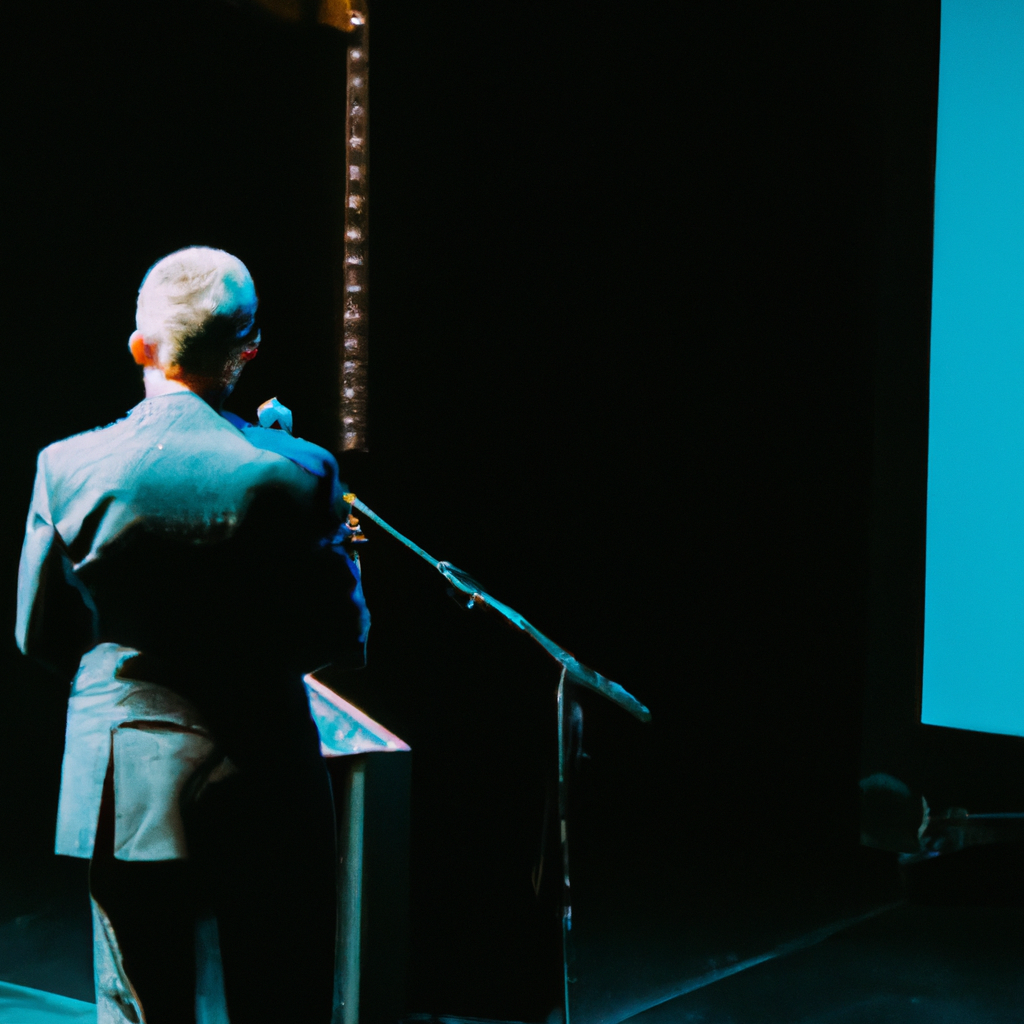 Orateur confiant sur scène devant un auditorium moderne, lumière claire et esthétique minimaliste.